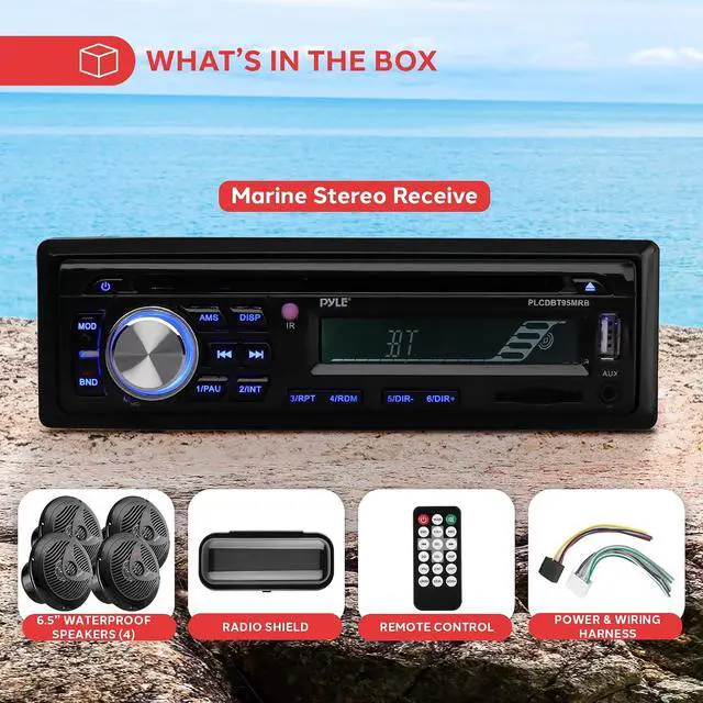 Alt view image 7 of 7 - Pyle Wireless Bluetooth Marine Audio Stereo - Kit w/ Single DIN Universal Size Radio Receiver, Hands-Free Calling, 6.5" Waterproof Speakers, CD Player, MP3/USB/SD Readers & AM/FM Radio
