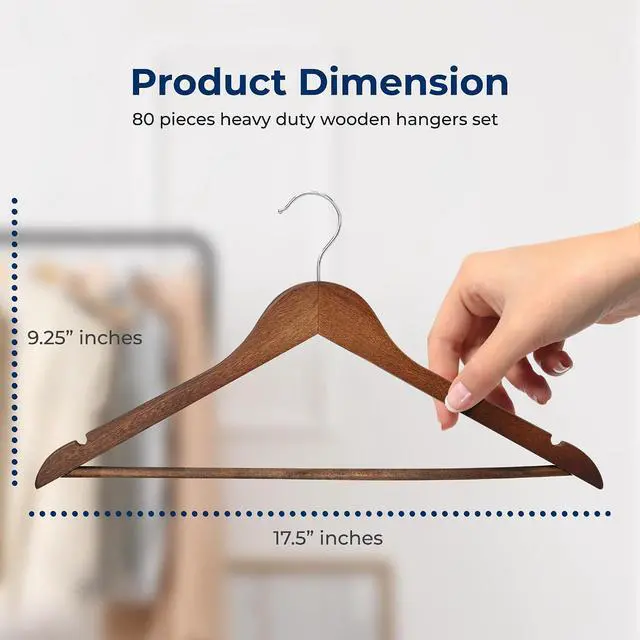Alt view image 2 of 7 - SereneLife 80 Solid Wooden Hangers Heavy Duty Closet Organizer Vintage Natural Color Chrome 360° Swivel Hook Notched Design Holds Dresses Jackets Pants Suits 10 lbs Capacity