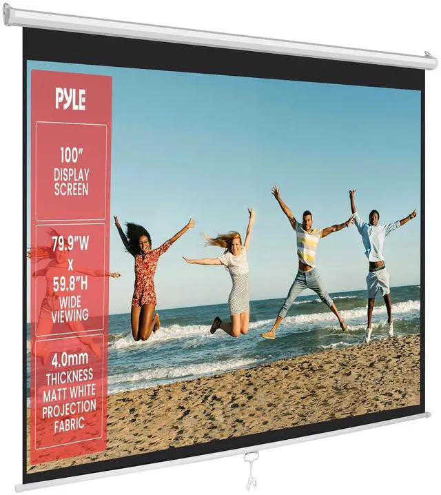 Main image of Pyle Manual Pull Down Projector Screen - Universal 100-inch Roll-Down Retractable Manual Screen w/ Auto-Locking, Adjustable Screen Height, Black Masking Border -Home PRJSM1006