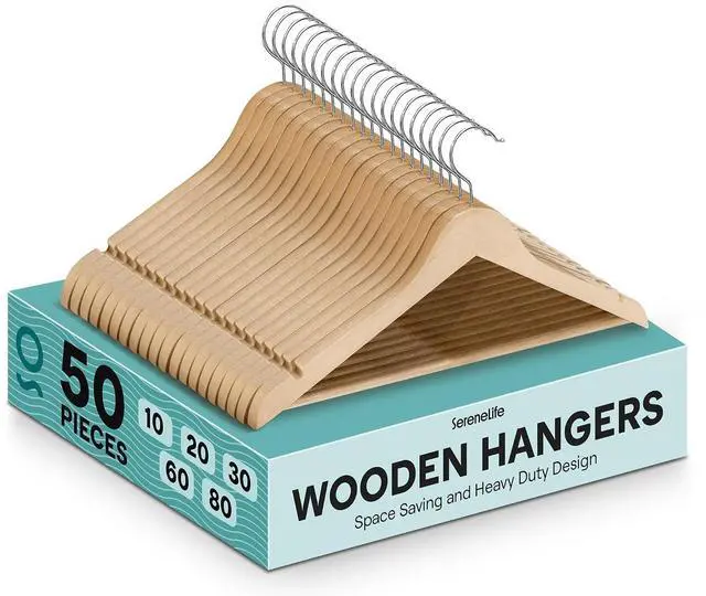 Main image of SereneLife 50-Pack Wooden Coat Hangers Durable Suit Hangers with 360° Swivel Hook & Notches Slim Design for Shirts, Jackets, Dresses, and More (Natural Wood)
