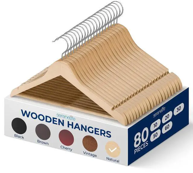 Main image of SereneLife Solid Wooden Hangers, Mega Pack, 80 Pieces Hangers for Clothes, Heavy Duty Suit Hanger Set with Chrome 360 Degree Swivel Hook, Notched Design, Natural Wood Color