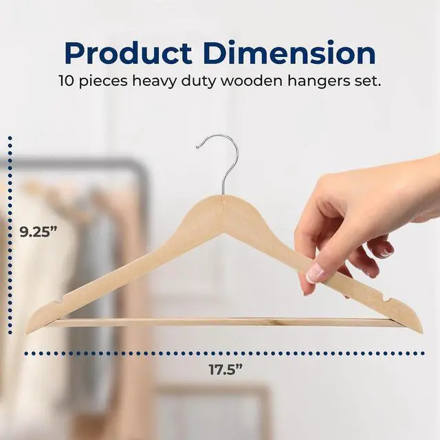 Alt view image 2 of 7 - SereneLife 50-Pack Wooden Coat Hangers Durable Suit Hangers with 360° Swivel Hook & Notches Slim Design for Shirts, Jackets, Dresses, and More (Natural Wood)