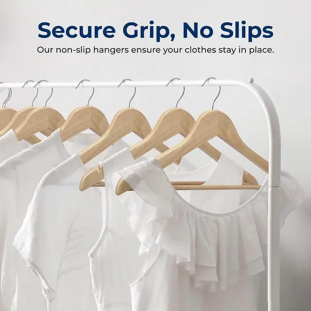 Alt view image 3 of 7 - SereneLife 50-Pack Wooden Coat Hangers Durable Suit Hangers with 360° Swivel Hook & Notches Slim Design for Shirts, Jackets, Dresses, and More (Natural Wood)