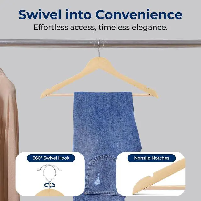 Alt view image 7 of 7 - SereneLife 50-Pack Wooden Coat Hangers Durable Suit Hangers with 360° Swivel Hook & Notches Slim Design for Shirts, Jackets, Dresses, and More (Natural Wood)