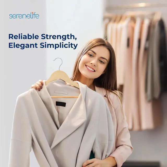 Alt view image 7 of 7 - SereneLife Solid Wooden Hangers, Mega Pack, 80 Pieces Hangers for Clothes, Heavy Duty Suit Hanger Set with Chrome 360 Degree Swivel Hook, Notched Design, Natural Wood Color