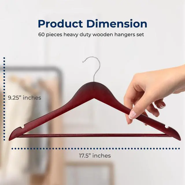 Alt view image 2 of 7 - SereneLife 60-Pack Wooden Hangers Cherry Finish Heavy Duty Suit & Clothes Hangers with Non-Slip Notches, Pants Bar, 360° Swivel Chrome Hook, 10 lb Capacity, Space Saving Closet Organization