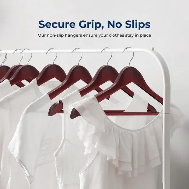 Alt view image 3 of 7 - SereneLife 60-Pack Wooden Hangers Cherry Finish Heavy Duty Suit & Clothes Hangers with Non-Slip Notches, Pants Bar, 360° Swivel Chrome Hook, 10 lb Capacity, Space Saving Closet Organization