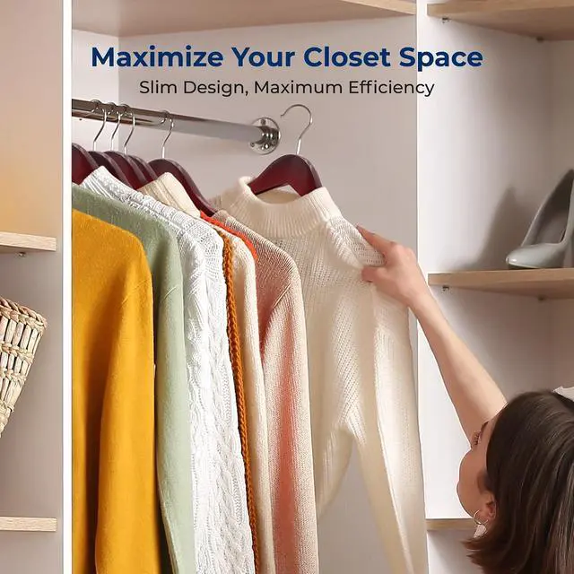 Alt view image 5 of 7 - SereneLife 60-Pack Wooden Hangers Cherry Finish Heavy Duty Suit & Clothes Hangers with Non-Slip Notches, Pants Bar, 360° Swivel Chrome Hook, 10 lb Capacity, Space Saving Closet Organization