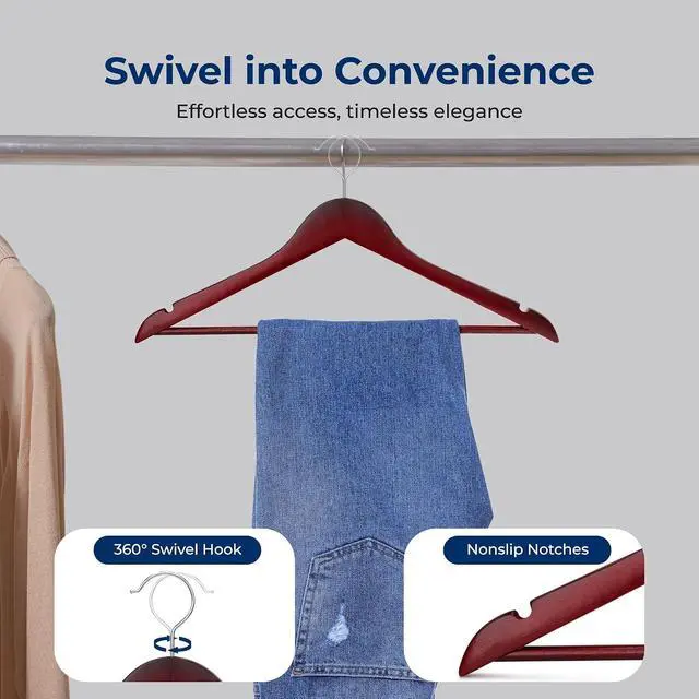 Alt view image 6 of 7 - SereneLife 60-Pack Wooden Hangers Cherry Finish Heavy Duty Suit & Clothes Hangers with Non-Slip Notches, Pants Bar, 360° Swivel Chrome Hook, 10 lb Capacity, Space Saving Closet Organization
