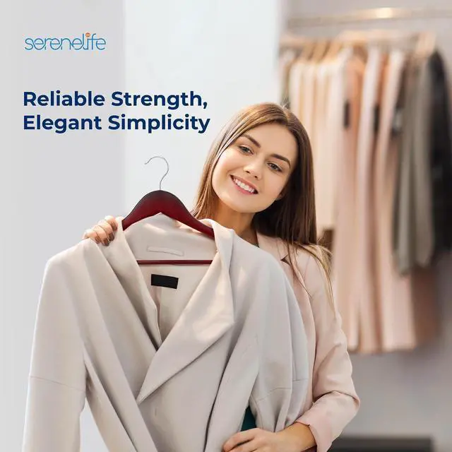 Alt view image 7 of 7 - SereneLife 60-Pack Wooden Hangers Cherry Finish Heavy Duty Suit & Clothes Hangers with Non-Slip Notches, Pants Bar, 360° Swivel Chrome Hook, 10 lb Capacity, Space Saving Closet Organization