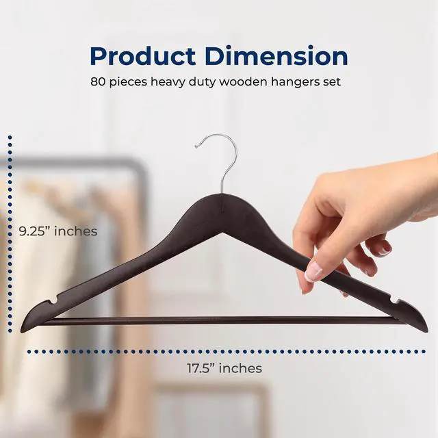 Alt view image 2 of 6 - SereneLife 80 Pack Wooden Hangers for Clothes, Heavy Duty Suit Hangers with Non Slip Notches, 360° Swivel Chrome Hook and Pants Bar, Space Saving Solid Wood Closet Organizer for Coats Shirts (Brown)