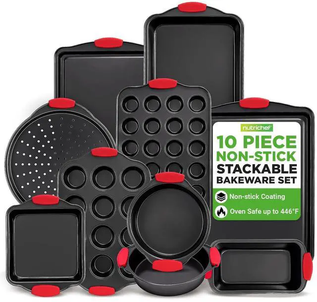 Main image of NutriChef 10-Piece Nonstick Kitchen Oven Baking Pans - Premium & Stylish Non-Stick Carbon Steel - Commercial Grade Restaurant Quality Metal Bakeware with Silicone Handles - Easy to Clean, NCSBS10S