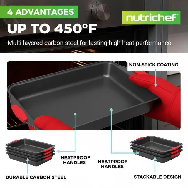 Alt view image 4 of 7 - NutriChef 10-Piece Nonstick Kitchen Oven Baking Pans - Premium & Stylish Non-Stick Carbon Steel - Commercial Grade Restaurant Quality Metal Bakeware with Silicone Handles - Easy to Clean, NCSBS10S