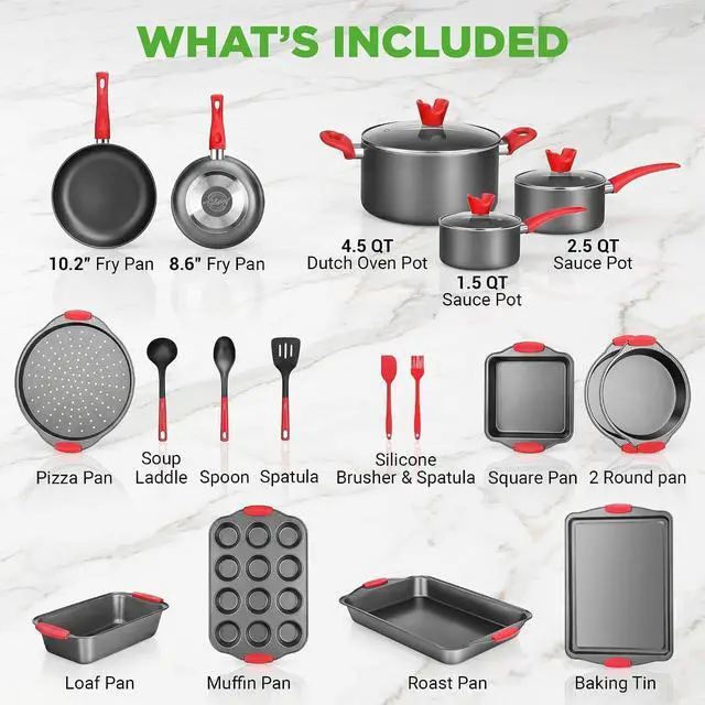 Alt view image 7 of 7 - NutriChef 21-Piece Nonstick Cookware Set - PTFE/PFOA/PFOS Free Heat Resistant Lacquer Kitchen Ware Pots Pan w/ Cool-Touch Handles, Saucepan, Fry Pans, Lid, Bakeware, For Gas Electric Ceramic Cooktops
