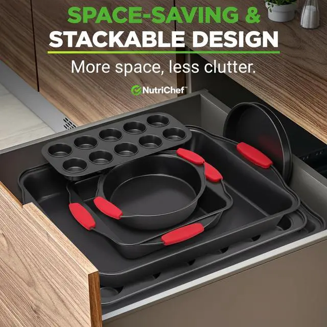 Alt view image 5 of 7 - NutriChef 10-Piece Nonstick Kitchen Oven Baking Pans - Premium & Stylish Non-Stick Carbon Steel - Commercial Grade Restaurant Quality Metal Bakeware with Silicone Handles - Easy to Clean, NCSBS10S