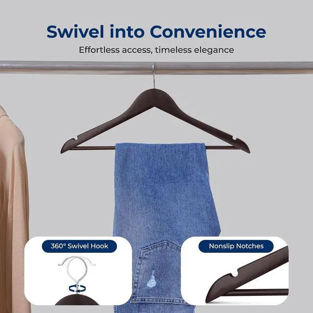 Alt view image 5 of 6 - SereneLife 80 Pack Wooden Hangers for Clothes, Heavy Duty Suit Hangers with Non Slip Notches, 360° Swivel Chrome Hook and Pants Bar, Space Saving Solid Wood Closet Organizer for Coats Shirts (Brown)