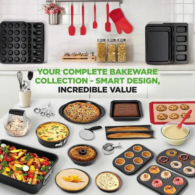 Alt view image 5 of 7 - NutriChef 42-Piece Nonstick Bakeware Set | Carbon Steel Baking Pans Set with Oven Mitts, Muffin Trays, Cookie Sheets, Loaf Pan, & Accessories for Cakes, Pizza & Bread.