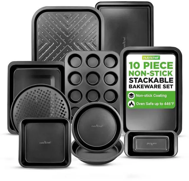 Main image of NutriChef 10-Piece Non-Stick Baking Set Heavy-Duty Carbon Steel Bakeware Set w/ Cookie Sheets, Muffin Pan, Roasting Pan, Cake Pan, Baking Tray, Pizza Pan Effortless Food Release & Easy Cleanup