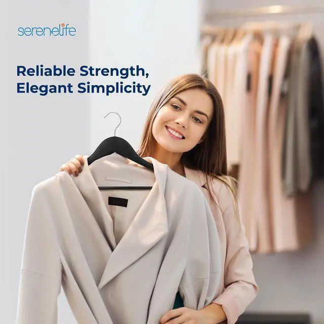 Alt view image 7 of 7 - SereneLife 60-Pack Premium Black Wooden Suit Hangers Heavy-Duty Solid Wood Coat Hangers with 360° Chrome Swivel Hook & Notches Space-Saving, Non-Slip Design for Shirts, Jackets & Dresses