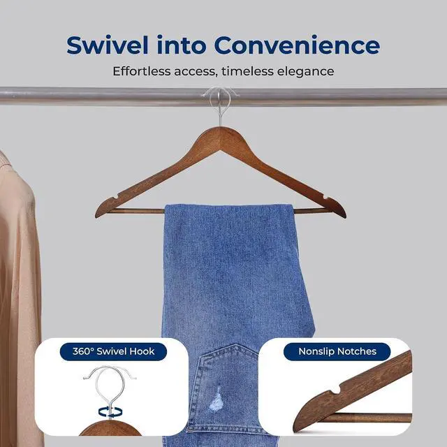 Alt view image 6 of 7 - SereneLife 60-Pack Vintage Wooden Suit Hangers Heavy-Duty, Non-Slip Clothes Hanger Set with 360° Chrome Swivel Hook & Notches Solid Wood Coat Hangers for Suits, Jackets, Dresses & More