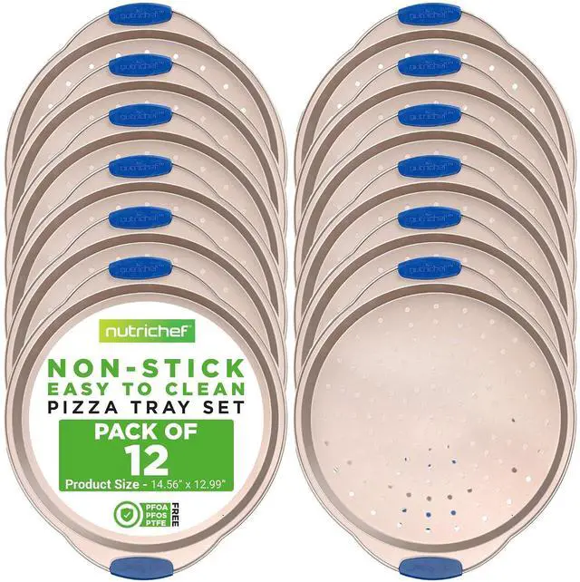 Main image of NutriChef 13-Inch Non-Stick Pizza Tray with Silicone Handle - Perforated Carbon Steel, Dishwasher Safe, PFOA Free - Champagne Gold - 12 Pack