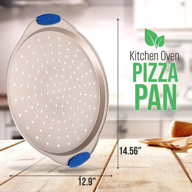 Alt view image 2 of 6 - NutriChef 13-Inch Non-Stick Pizza Tray with Silicone Handle - Perforated Carbon Steel, Dishwasher Safe, PFOA Free - Champagne Gold - 12 Pack