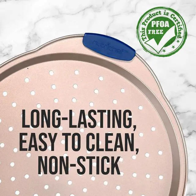 Alt view image 3 of 6 - NutriChef 13-Inch Non-Stick Pizza Tray with Silicone Handle - Perforated Carbon Steel, Dishwasher Safe, PFOA Free - Champagne Gold - 12 Pack