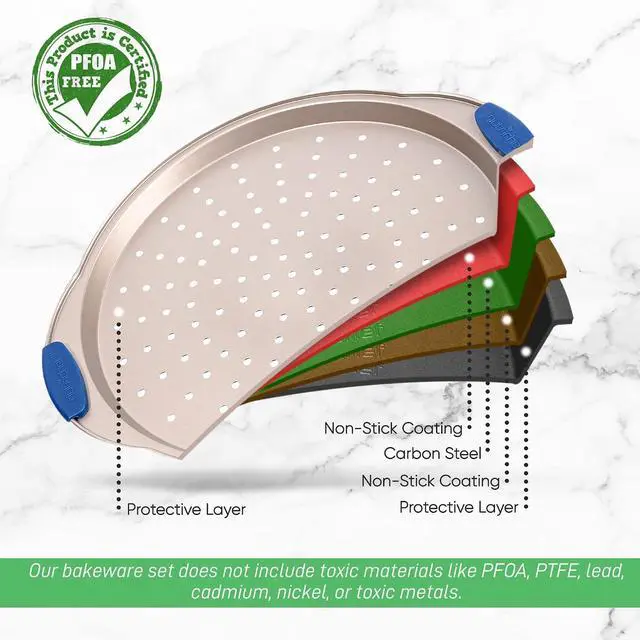 Alt view image 5 of 6 - NutriChef 13-Inch Non-Stick Pizza Tray with Silicone Handle - Perforated Carbon Steel, Dishwasher Safe, PFOA Free - Champagne Gold - 12 Pack