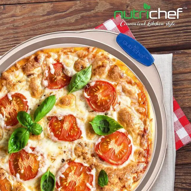 Alt view image 4 of 6 - NutriChef 13-Inch Non-Stick Pizza Tray with Silicone Handle - Perforated Carbon Steel, Dishwasher Safe, PFOA Free - Champagne Gold - 12 Pack