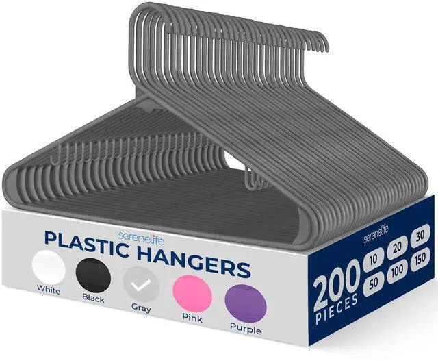 Main image of SereneLife 200 Pack Plastic Hangers, Non-Slip, Space-Saving Closet Organizers, Durable and Strong for Shirts, Sweaters, Hoodies, Kids Clothes & Dresses, Ultra-Thin, Lightweight