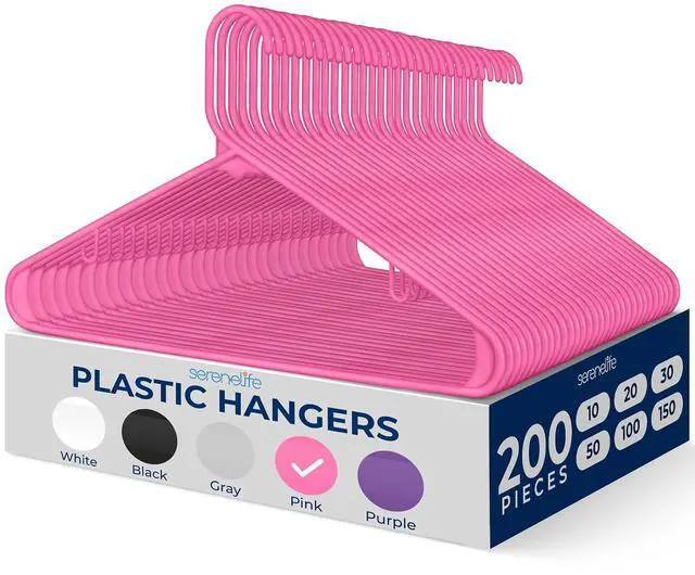 Main image of SereneLife 200 Pink Plastic Hangers Non-Slip Heavy Duty Coat and Clothes Hanger Set Slim Durable Space-Saving Closet Organizer Wardrobe Storage Home Bedroom 5.5 lb Capacity