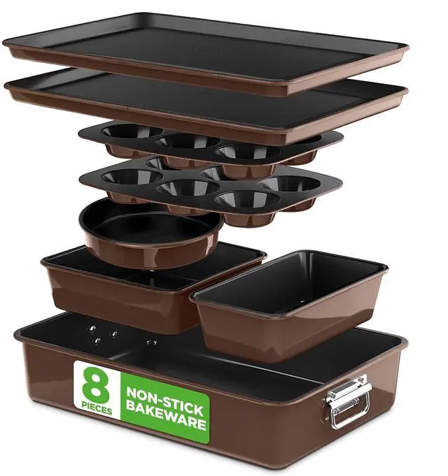 Main image of NutriChef 8-Piece Nonstick Stackable Bakeware Set - PFOA, PFOS, PTFE Free Baking Tray Set w/Non-Stick Coating, 450°F Oven Safe, Round Cake, Loaf, Muffin, Wide/Square Pans, Cookie Sheet (Brown)