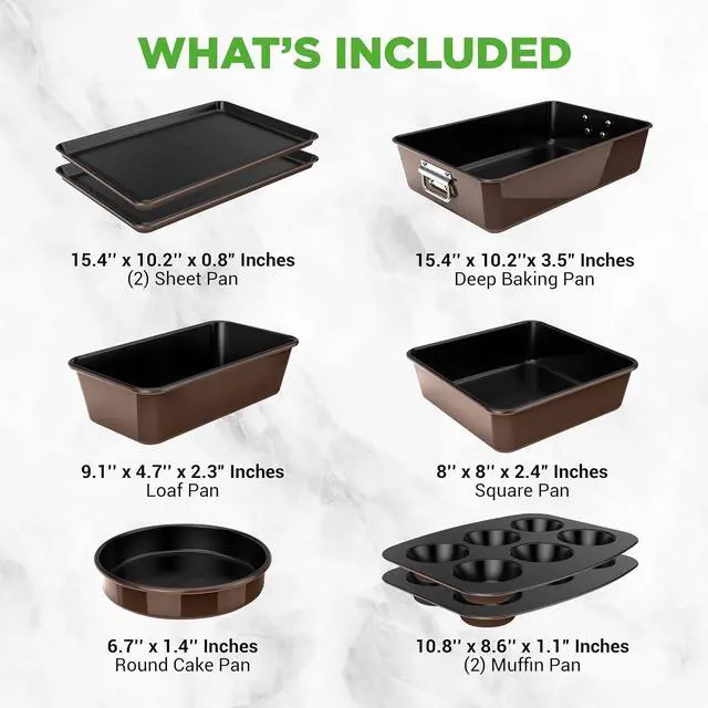 Alt view image 7 of 7 - NutriChef 8-Piece Nonstick Stackable Bakeware Set - PFOA, PFOS, PTFE Free Baking Tray Set w/Non-Stick Coating, 450°F Oven Safe, Round Cake, Loaf, Muffin, Wide/Square Pans, Cookie Sheet (Brown)