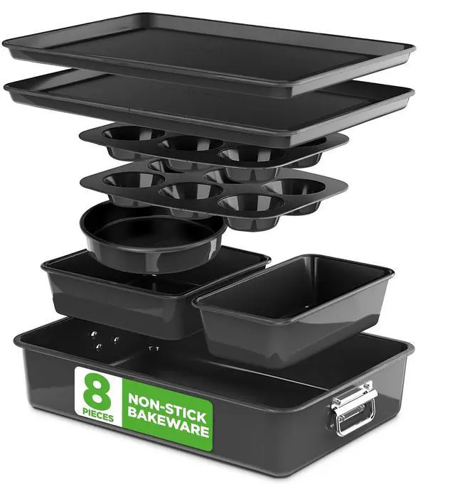 Main image of NutriChef 8-Piece Stackable Nonstick Bakeware Set - Premium Steel Baking Pans Set - Includes Round Cake Pan, 6-Cup Muffin Pans, Wide/Square Brownie & Loaf Pans, Cookie Sheet, & Roaster Pan (Black)