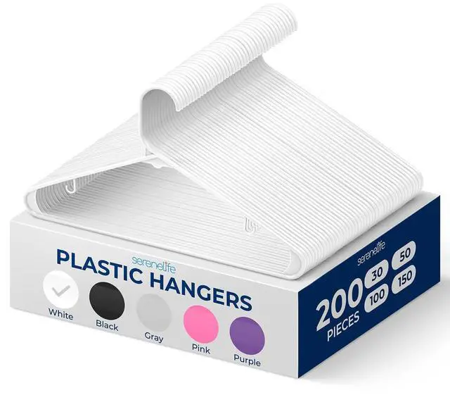 Main image of SereneLife White Standard Plastic Hangers, Mega Pack, 200 Pieces Hangers for Clothes, Durable Tubular Hanger Slip Design Cloth Hanger Set with 2 Integrated Strap Hook Design