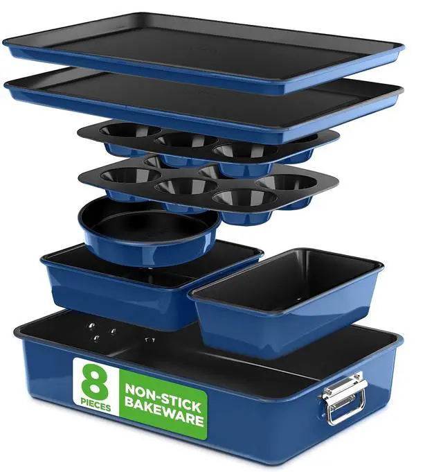 Main image of NutriChef 8-Piece Nonstick Stackable Bakeware Set - PFOA, PFOS, PTFE Free Baking Tray Set w/Non-Stick Coating, 450°F Oven Safe, Round Cake, Loaf, Muffin, Wide/Square Pans, Cookie Sheet (Blue)