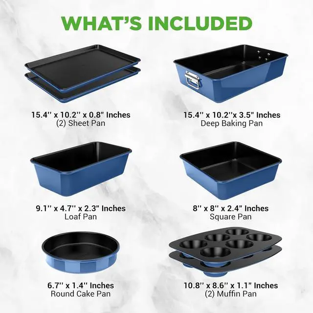 Alt view image 3 of 7 - NutriChef 8-Piece Nonstick Stackable Bakeware Set - PFOA, PFOS, PTFE Free Baking Tray Set w/Non-Stick Coating, 450°F Oven Safe, Round Cake, Loaf, Muffin, Wide/Square Pans, Cookie Sheet (Blue)
