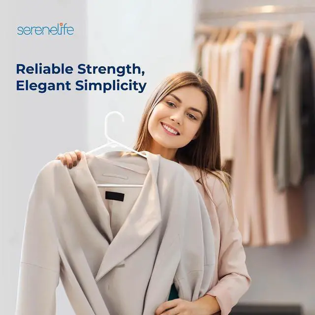 Alt view image 7 of 7 - SereneLife White Standard Plastic Hangers, Mega Pack, 200 Pieces Hangers for Clothes, Durable Tubular Hanger Slip Design Cloth Hanger Set with 2 Integrated Strap Hook Design
