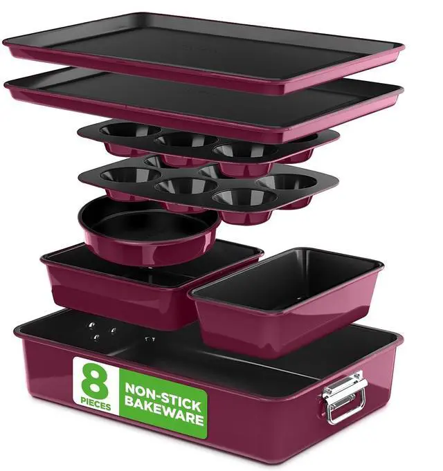 Main image of NutriChef 8-Piece Nonstick Stackable Bakeware Set - PFOA, PFOS, PTFE Free Baking Pan Set w/Non-Stick Coating, 450°F Oven Safe, Round Cake, Loaf, Muffin, Wide/Square Pans, Cookie Sheet (Plum)