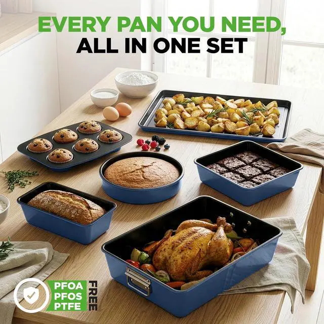 Alt view image 7 of 7 - NutriChef 8-Piece Nonstick Stackable Bakeware Set - PFOA, PFOS, PTFE Free Baking Tray Set w/Non-Stick Coating, 450°F Oven Safe, Round Cake, Loaf, Muffin, Wide/Square Pans, Cookie Sheet (Blue)