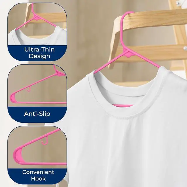 Alt view image 5 of 7 - SereneLife 200 Pink Plastic Hangers Non-Slip Heavy Duty Coat and Clothes Hanger Set Slim Durable Space-Saving Closet Organizer Wardrobe Storage Home Bedroom 5.5 lb Capacity