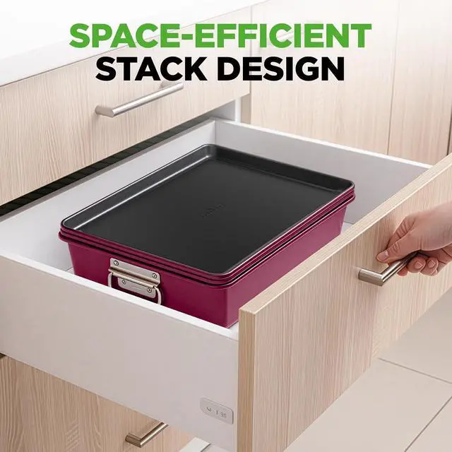 Alt view image 2 of 7 - NutriChef 8-Piece Nonstick Stackable Bakeware Set - PFOA, PFOS, PTFE Free Baking Pan Set w/Non-Stick Coating, 450°F Oven Safe, Round Cake, Loaf, Muffin, Wide/Square Pans, Cookie Sheet (Plum)