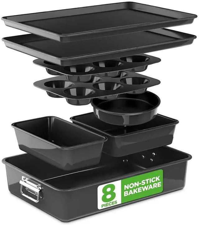 Main image of NutriChef 8 Piece Nonstick Bakeware Set | Carbon Steel Baking Pans for Oven | Includes Sheet Pan, Muffin, Loaf, Round and Square Cake Pan | Dishwasher Safe, Stackable Design Oven Safe up to 446°F