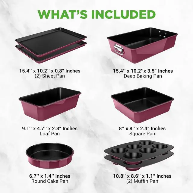Alt view image 7 of 7 - NutriChef 8-Piece Nonstick Stackable Bakeware Set - PFOA, PFOS, PTFE Free Baking Pan Set w/Non-Stick Coating, 450°F Oven Safe, Round Cake, Loaf, Muffin, Wide/Square Pans, Cookie Sheet (Plum)