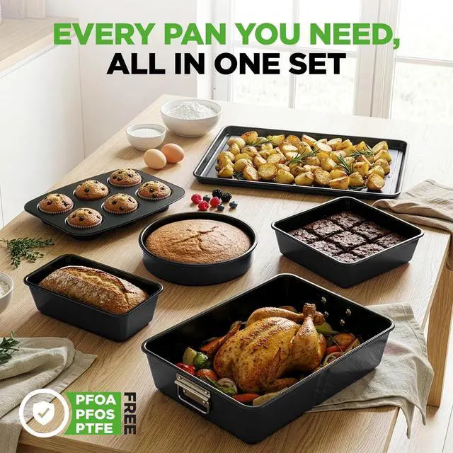 Alt view image 6 of 7 - NutriChef 8-Piece Stackable Nonstick Bakeware Set - Premium Steel Baking Pans Set - Includes Round Cake Pan, 6-Cup Muffin Pans, Wide/Square Brownie & Loaf Pans, Cookie Sheet, & Roaster Pan (Black)