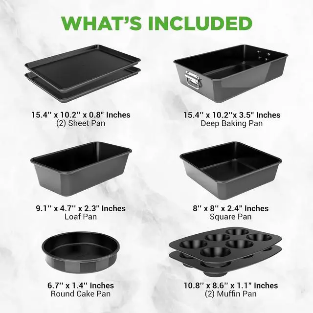 Alt view image 7 of 7 - NutriChef 8-Piece Stackable Nonstick Bakeware Set - Premium Steel Baking Pans Set - Includes Round Cake Pan, 6-Cup Muffin Pans, Wide/Square Brownie & Loaf Pans, Cookie Sheet, & Roaster Pan (Black)