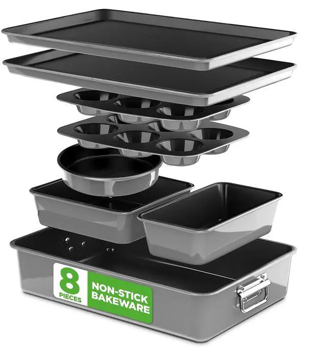 Main image of NutriChef 8-Piece Nonstick Stackable Bakeware Set - PFOA, PFOS, PTFE Free Baking Pans Set w/Non-Stick Coating, 450°F Oven Safe, Round Cake, Loaf, Muffin, Wide/Square Pans, Cookie Sheet (Gray)