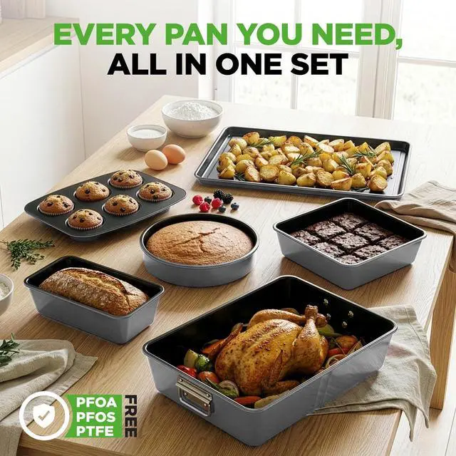 Alt view image 6 of 7 - NutriChef 8-Piece Nonstick Stackable Bakeware Set - PFOA, PFOS, PTFE Free Baking Pans Set w/Non-Stick Coating, 450°F Oven Safe, Round Cake, Loaf, Muffin, Wide/Square Pans, Cookie Sheet (Gray)