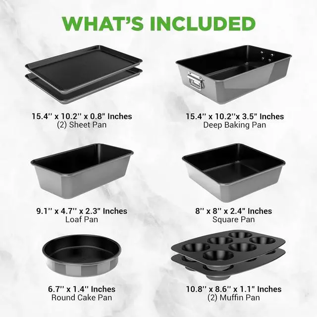 Alt view image 7 of 7 - NutriChef 8-Piece Nonstick Stackable Bakeware Set - PFOA, PFOS, PTFE Free Baking Pans Set w/Non-Stick Coating, 450°F Oven Safe, Round Cake, Loaf, Muffin, Wide/Square Pans, Cookie Sheet (Gray)