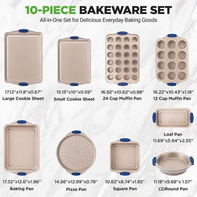 Alt view image 4 of 7 - NutriChef 10-Piece Nonstick Bakeware Set - Premium Carbon Steel Baking Pan Set w/Heatsafe Silicone Handles, Includes Pizza Crisper, Loaf Pan, 12 & 24 Cup Muffin Pans, Cake Pans, Cookie Sheets